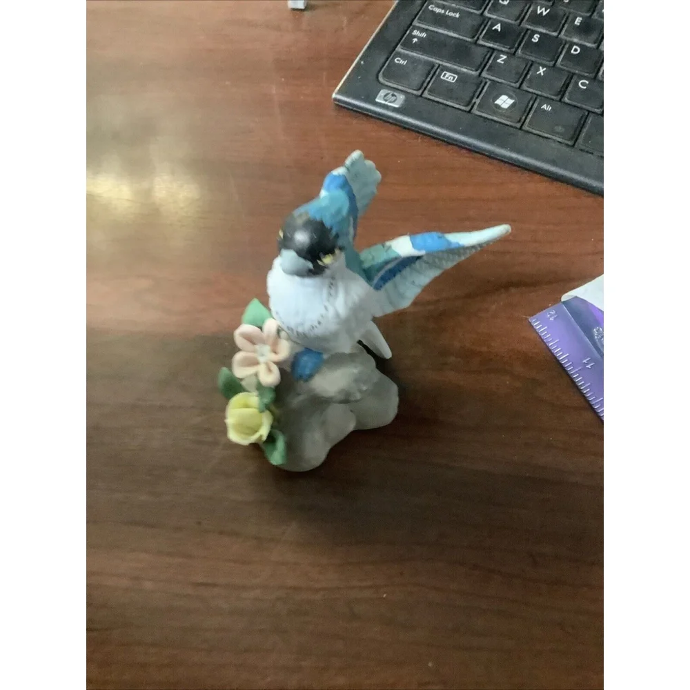Blue Jay Bird on Tree Trunk Multi Color Flowers Shadow Box Shelf Vintage Decor